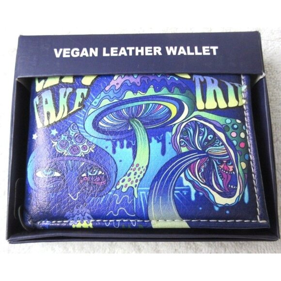 Lets Take a Trip Psychedelics Magic Mushroom Print Bi-Fold Vegan Leather Wallet - Picture 1 of 5